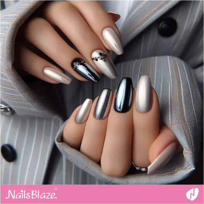 Embellished Platinum Chrome Nail Design | Chrome Nails - NB4015